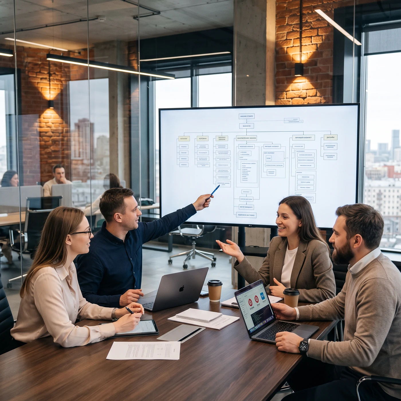 Команда JustBusiness обсуждает структуру сайта, каталог и интеграции